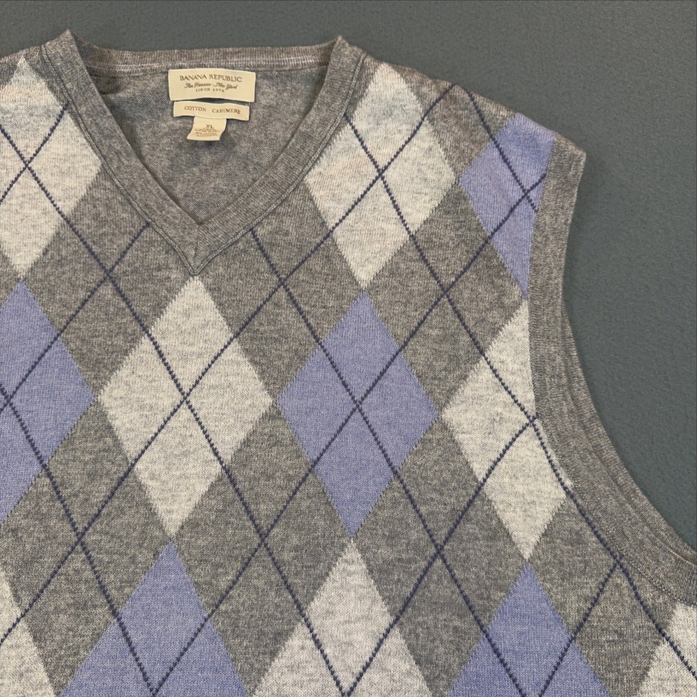 Banana Republic Mens XL Argyle Sweater Vest Cotton Cashmere Grey Purple V-Neck